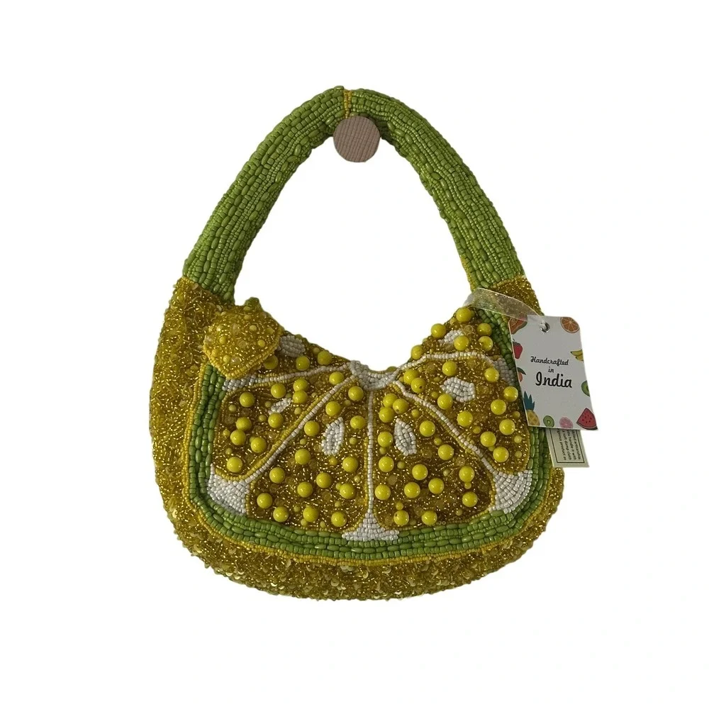 Handcrafted Beaded Lemon Slice Hobo Bag Yellow Green Citrus Fruit Novelty NWT